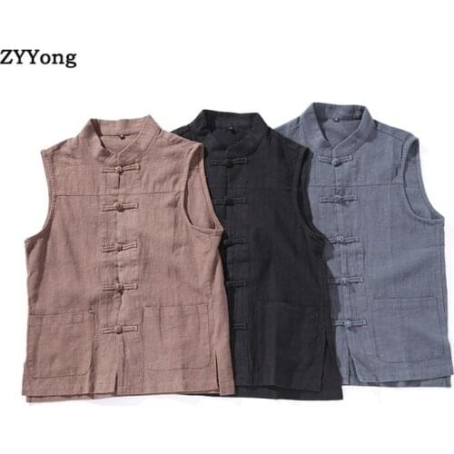 Linen Mans Vest Chinese Style Men Sleeveless Vest Jackets Overcoat Outwear Solid Color Casual Coats Size M-XXXL