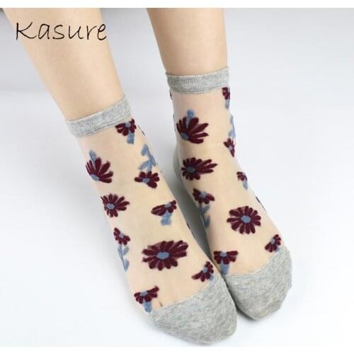 KASURE Thin Mesh Ankle Socks Women Novelty Small Daisy Transparent Jacquard Cute Cotton Summer Spring Glass Mesh Female Socks