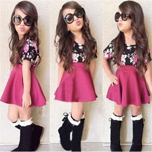 SQ191 2020 new summer girl dress solid color skirt + flower t-shirts of two pieces of children clothing set girls dress retail