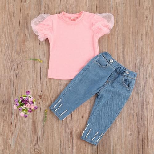 1-6Y Children Girls Clothes Set Summer Fashion Bubble Sleeve Pink t shirt Top and Denim String Beads Long Pants Outfits