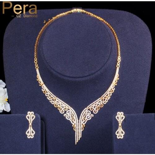 Pera Classical Shiny Cubic Zirconia Flower Pattern African Women Necklace Earrings Dubai Gold Bridal Jewelry Sets for Bride J350