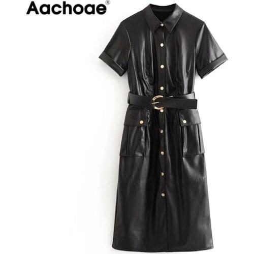 Aachoae PU Faux Leather Dress Women Short Sleeve Solid Casual Dress Stylish Turn Down Collar Pockets Dresses With Belt Vestidos