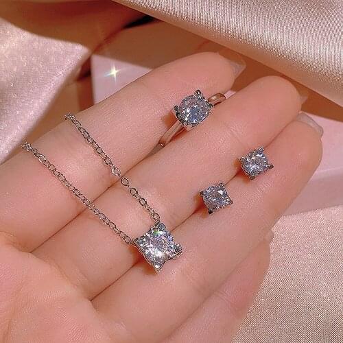 Concise Square Crystal Small Stud Earrings Pendant Rings for Women Diamonds Gemstones White Gold Filled Jewelry Sets Chic Gifts