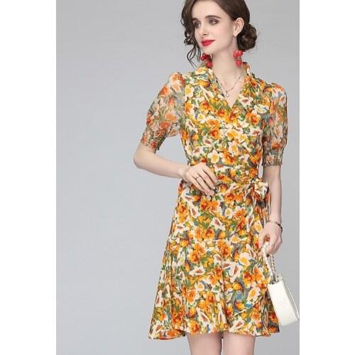 Sweet Flower Print Chiffon Boho Dress New Fashion Women Summer Elegant V-Neck Puff Sleeve Lace Up Casual Mini Dress Vestidos