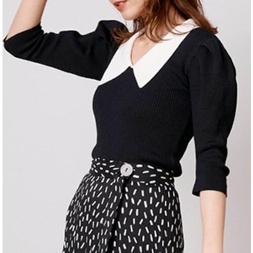 Turn Down Collar Puff Sleeve Sweater New Arrivals Sweet Fashion Knitted Pullover Elegant Temperament Office Lady Women Tops