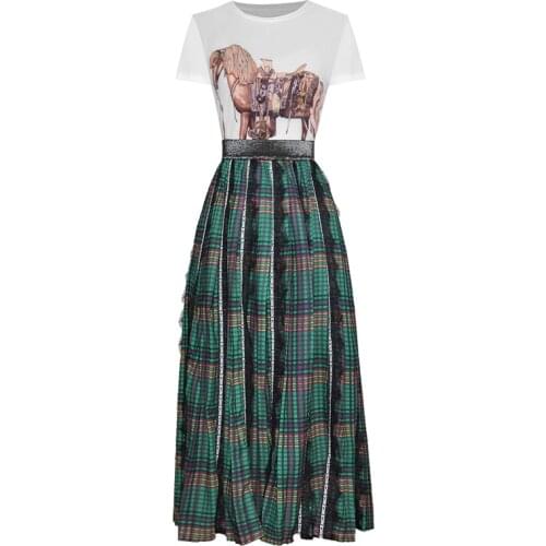 Newest HIGH QUALITY 2021 Designer Runway Suit Set Womens short Sleeve Animal Print T-shirt Plaid Long Skirt Set