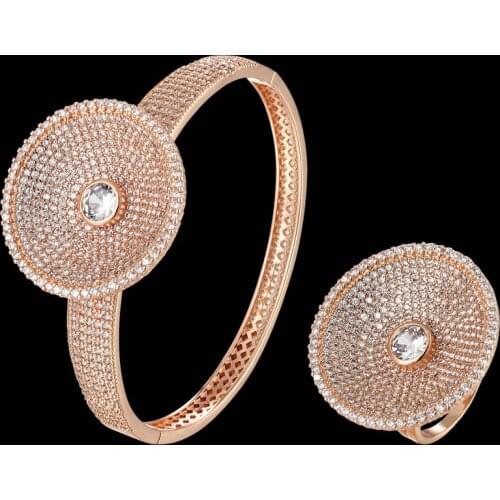 Zlxgirl jewelry full round shape rose gold copper bangle and ring jewelry sets womens size zircon bracelet bangle ring bijoux