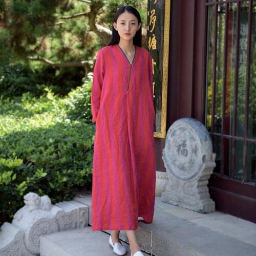 Women Autumn Linen Striped Dress Ladies Vintage Flax V Neck Dress Female 2020 Spring Dresses