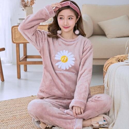 Winter Warm Sleepwear Women Flannel Pajamas Set 2PCS Soft Nightwear Sleep Set Thicken Casual Long Home Clothes Pijamas
