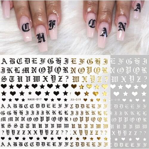 1/3pcs English Letter Nail Stickers White Black Foil Water Transfer Decals DIY Nail Art Decorations Alphabet Manicure Sliders
