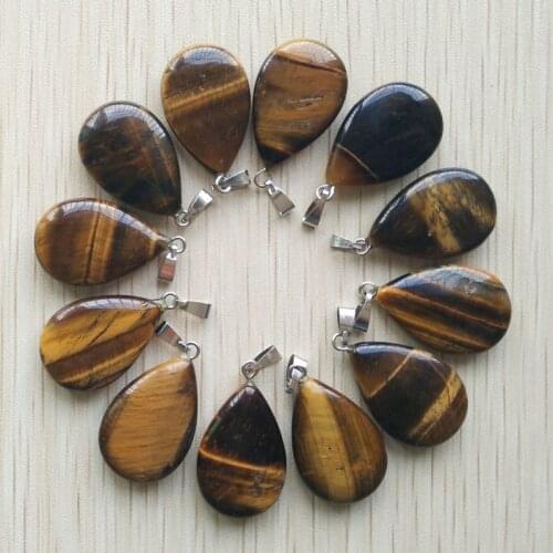 2018 fashion natural tiger eye stone flat water drop charms pendants fit Necklaces making 12pcs/lot wholesale Free shipping