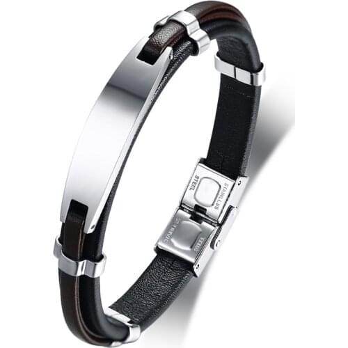 2021 Fashion Stainless Steel Curved Brand Leather Material Simple Style And Temperament Bracelet For Men 's Accessories