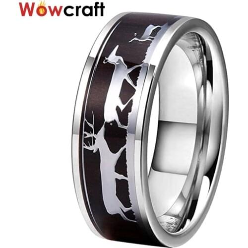 8mm Family Deers Black wood Inlay Engagement & Wedding Band Real Tungsten Carbide Ring