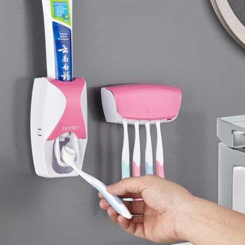 Automatic Toothpaste Dispenser With Hanging 5 Pcs Toothbrush Set Squeezer Wall Mount Dust-Proof Bathroom Accessories Holder