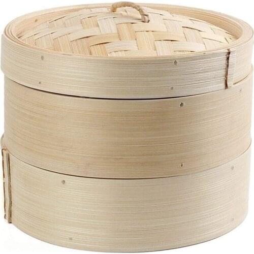 Bamboo Steamer 2 Tier 8 Inch Dim Sum Basket Rice Pasta Cooker Set with Lid By Steam Basket for Vegetables