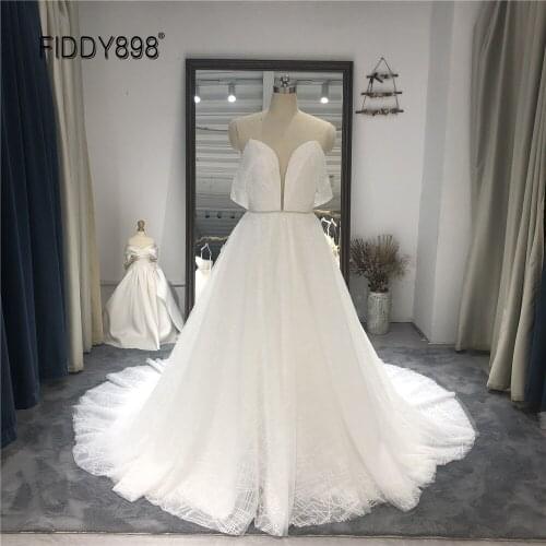 Shining Lace Wedding Dress Boho 2021 Glitter Scoop Court Train Wedding Dresses for Women Bride Gown with Sashes
