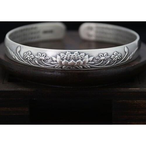 BOCAI Real S999 Sterling Silver Bracelet Retro Lotus Heart Sutra Bangle For Men And Women 2021 Fashion Womens Hand Jewelry