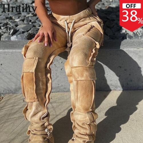 Cargo Pants Women Patchwork Streetwear Slim Fit Trousers Elastic Waist Drawstring Pockets Fashion Casual Mujer Pantalones
