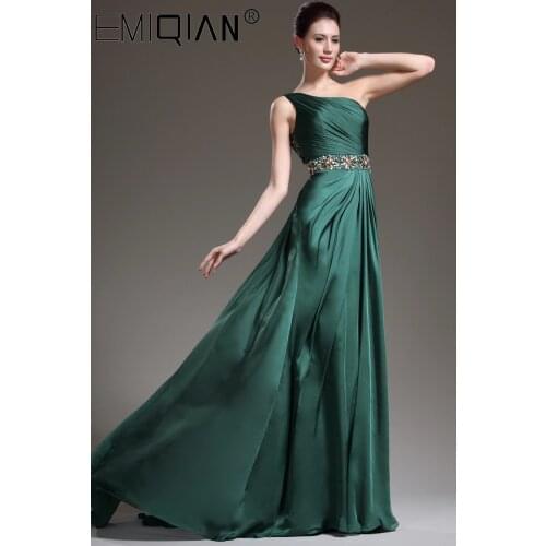 Long Evening Dresses 2020 A-Line One Shoulder Beaded Chiffon Formal Prom Evening Gowns Dark Green vestido de noite