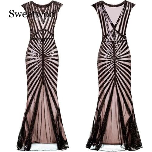 Women 1920s Great Gatsby Dress Long 20s Flapper Dress Vintage O Neck Sleeveless Backless Maxi Party Dress for Prom Cocktail