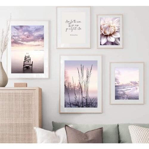 Purple Seascape Hydrangea Reed Wall Art Line Girl Quote Canvas Painting Nordic Posters and Prints Pictures for Living Room Decor