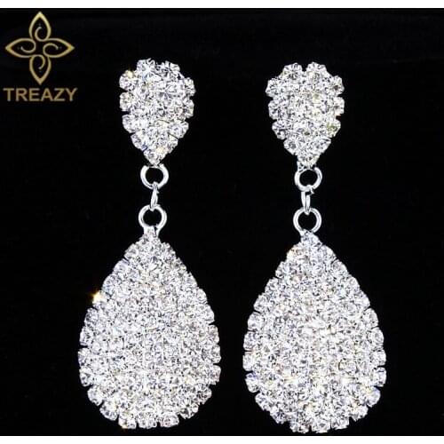 TREAZY Classic Full Rhinestone Waterdrop Bridal Earrings Silver Color Crystal Dangle Earrings For Women Wedding Party Jewelry