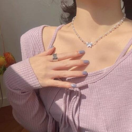 Korea Super Fairy Small Fresh Butterfly Necklace Crystal Pearl Wedding Necklace Female Forest Girl Heart Clavicle Chain