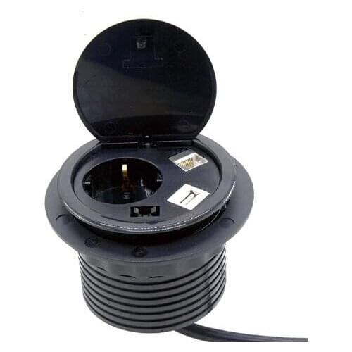 Black color round Desk Grommet Socket Embedded in Furniture with cover with USB and RJ45 EU power