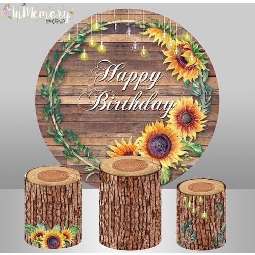 Round Circle Background Rustic Wood Sunflower Backdrop Baby Shower Kids Birthday Party Dessert table Cylinder Covers