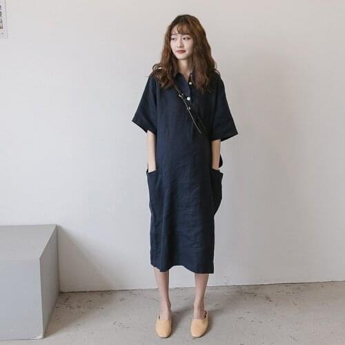 Summer Maternity Cotton Linen Dress Maternity Short Sleeve Pregnancy Turn-Down Collar Loose Dresses Pregnant Women Loose Clothes