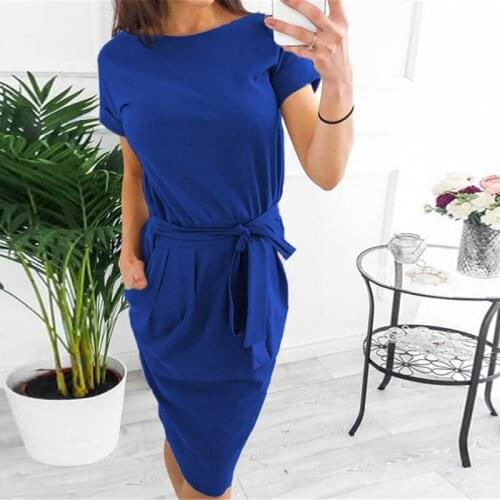 Summer Women Frenulum Short Sleeve O-neck Midi Dress Women Solid Casual Slim Bodycon Sexy Hips Pockets Lady Dress