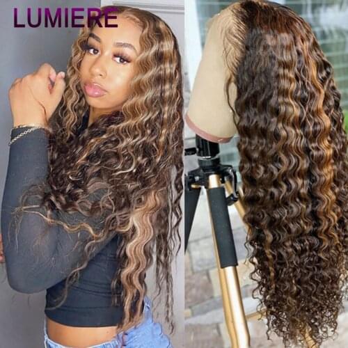 Lumiere Mongolian Deep Wave 150% Density 4X4 Lace Closer And 13X4 Lace Frontal Highlight Remy Human Hair Wig For Black Women