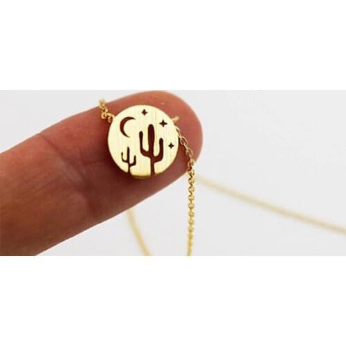 Fashion Desert Sky Cute Prickly Pear Cactus Moon Star Pendant Necklace for Women Girl Kids Stainless Steel Round Charms