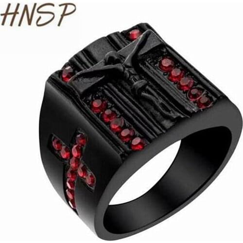 HNSP Jesus Cross Black Rings For Men Male Hip-hop rock punk Jewelry 8-12 Big Size