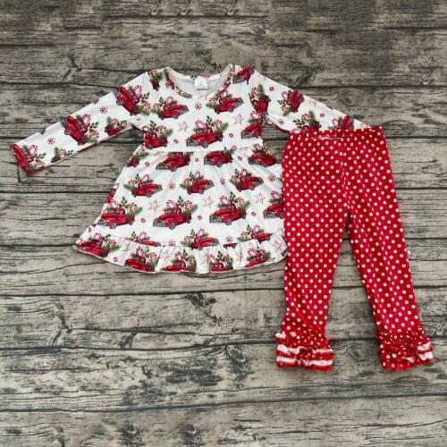 New Arrival baby girl winter outfit Christmas tree and truck print top polka pants set fashion kids outfit