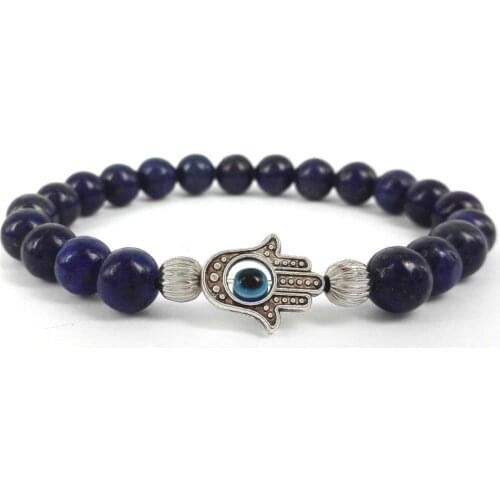 2017 New Products Christmas Gift 8mm Lapis Lazuli Stone Beads Fatima Hand Hamsa Protection Bracelets for Men and Women Jewelry