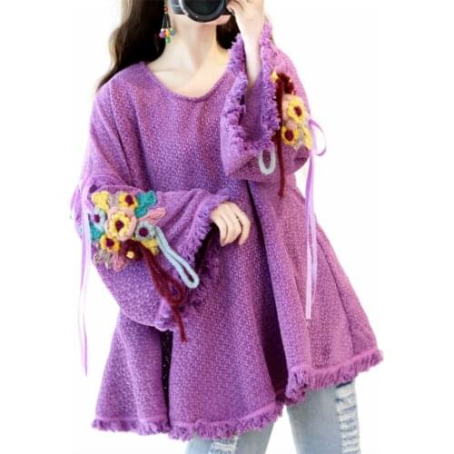 Original Design Ethnic Mori Girl Floral Embroidered Knitted Sweater Cloak French Women Cottagecore Autumn Sweater Top Outerwear