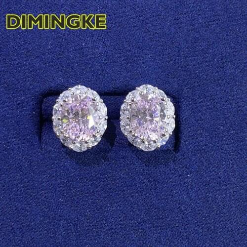 DIMINGKE S925 Silver Super Flash 6*8MM Egg Shaped Pink High Carbon Stone Stud Earrings Party Lover Birthday Jewelry Gift