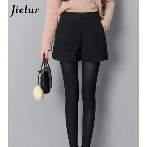 Jielur Autumn Korean Fashion Black Shorts for Women Winter Classic Basic Casual Wide Leg Short Femme Loose Zipper Woolen Shorts