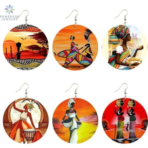 SOMESOOR Africa Tribal Wooden Drop Earrings Painted Fabric Headwrap Woman AFRO Artistic Black Etnnic Wood Jewelry For Girl Lady