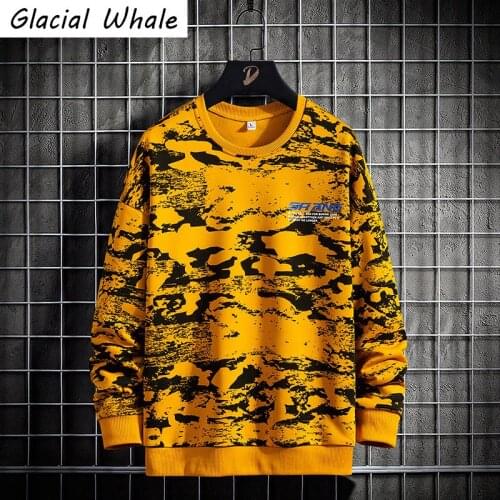 GlacialWhale Crewneck Sweatshirt Men 2021 Graffiti Japanese Streetwear Harajuku Hip Hop Yellow Hoodie Men Sweatshirts Hoodies