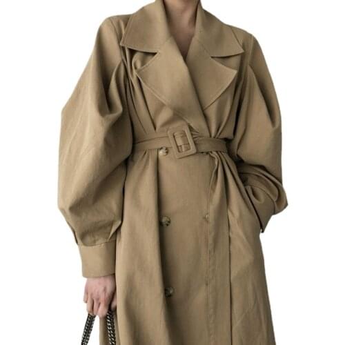 British Retro Fashion Khaki Long Trench Women Fall Double Breast Long Puff Sleeve Jacket Elegant Windbreaker Belt Waisted Coats