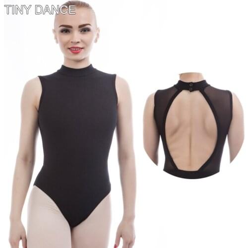 Womens Ballet Dance Training Wear with Open Back Cotton and Mesh Bodywear Adult Girls Black Gymnastics Leotard 01D0033
