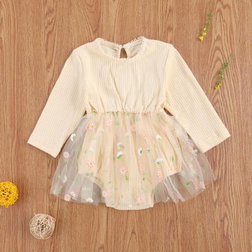 Newborn Baby Girl Knit Romper Cute Long Sleeve O-neck Bodysuit Floral Tutu Mesh Dress Bodysuits for Autumn Winter Princess Dress