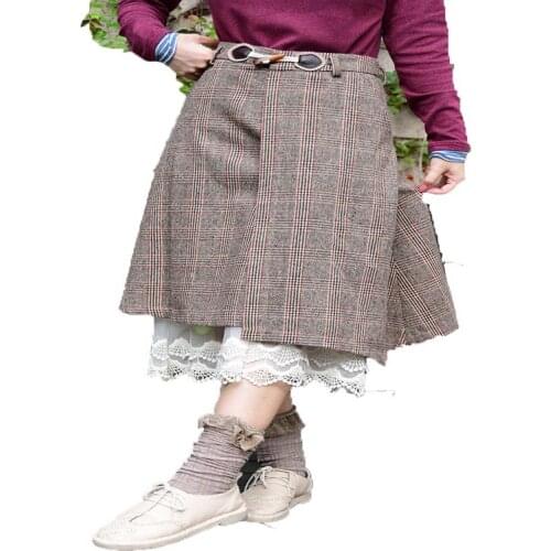 Japanese Mori Girl Hippie Boho Vintage Button England Plaid Kawaii Skirt Cotton Pocket Split Women Sping Autumn Skirt Faldas