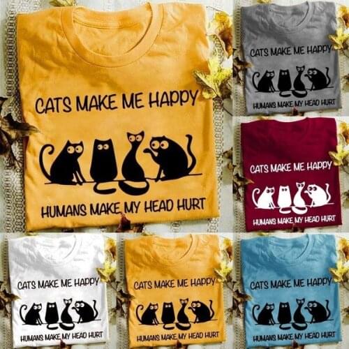 Cats Make Me Happy Humans Make My Head Hurt Women T-Shirt Cotton S-3Xl Orange Wholesale Tee Shirt Graphic T Shirts