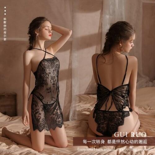 Woman Sleepwear Cross Sling Back Butterfly Embroidery Eyelash Lace Suspender Nightdress Hollow Lace Nightgown With Pants