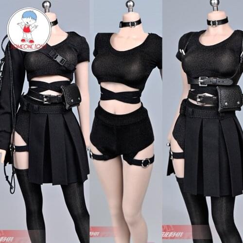 1/6 Female black short sleeve pleated skirt one-arm sleeve with belt bag Set For 12 inch Action Figure TBLeague Body Jiaou dolls