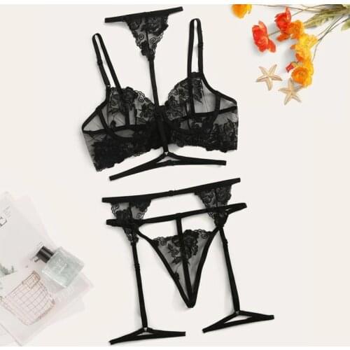 Woman Flower Lace Underwire Garter and Thong Sexy Bra Ultrathin Underwear Set Transparent Bra Set Embroidery Lingerie Brassiere