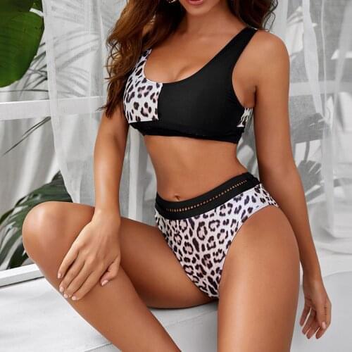 2pcs Womens Swimsuit Bikini Set Push-Up Padded Leopard Print Patchwork Hollow Thong Swimwear Sexy And Stylish Beachwear 2021